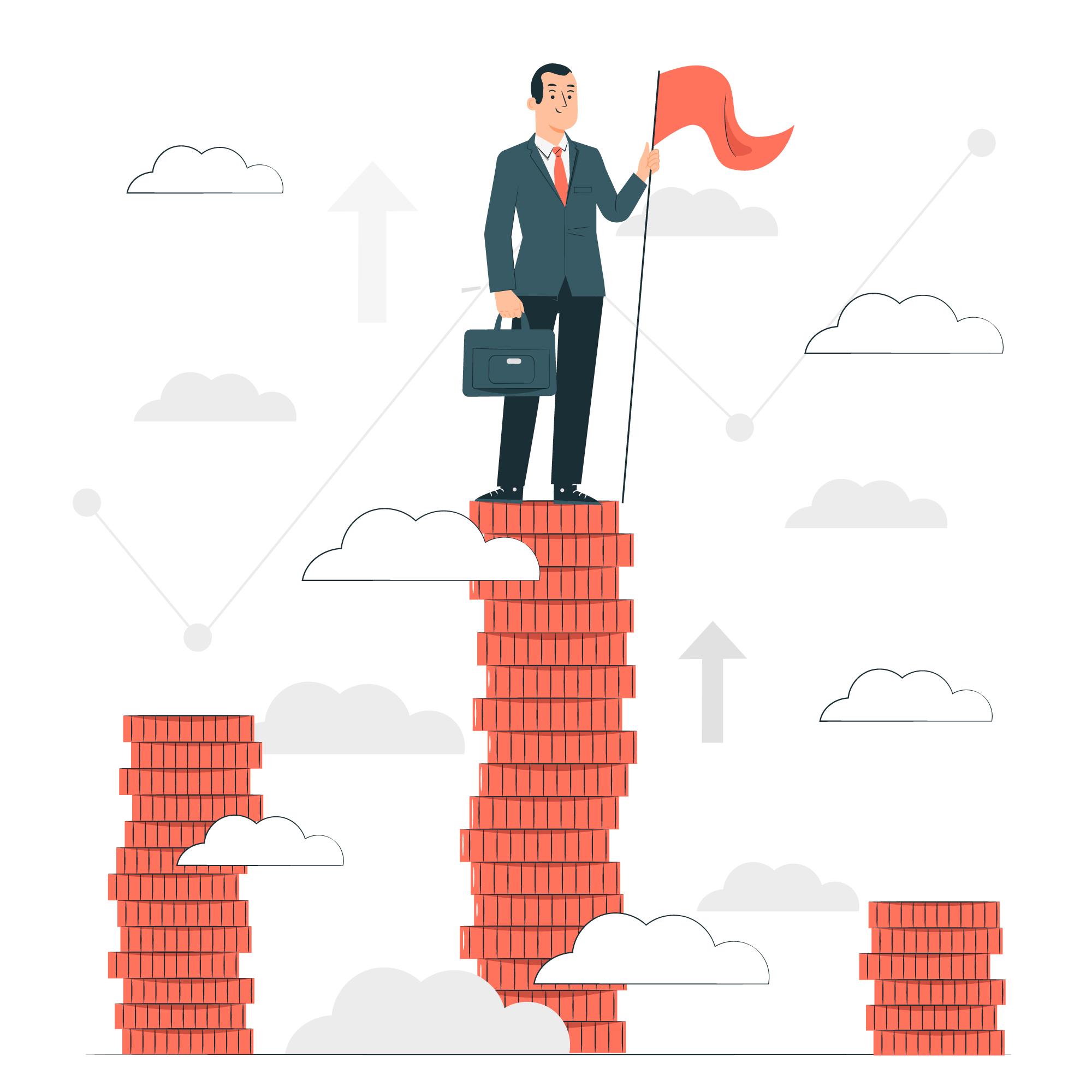 Businessman triumphantly stands atop a stack of coins, proudly holding a flag, symbolizing financial success and achievements.